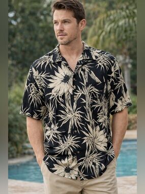 Tommy Bahama Silk Floral Wooden Button Short Sleeve Shirt Men’s Medium Black